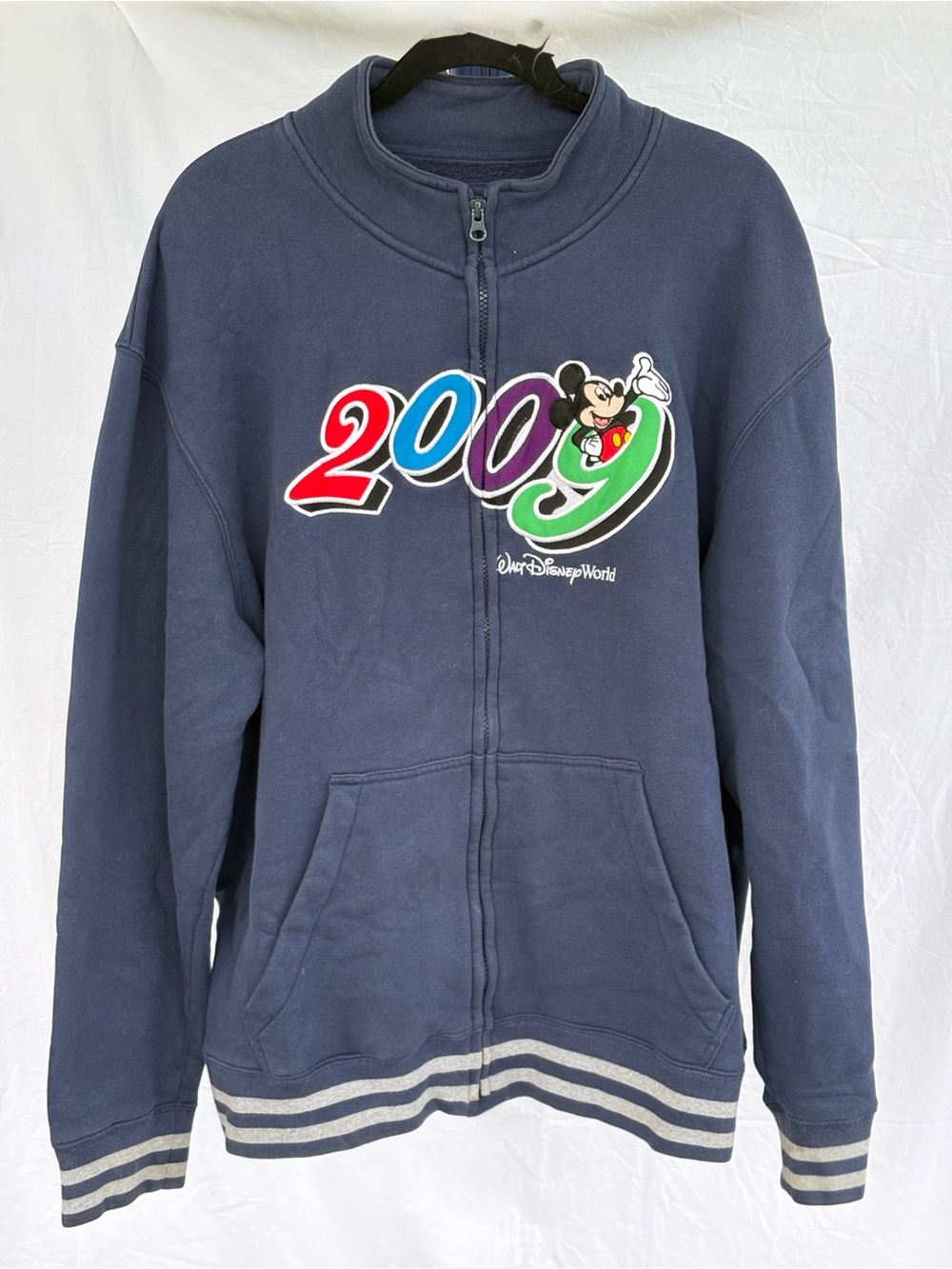 Vintage Disney Navy Zip-Up Sweatshirt with Colorful 2009 Mickey Graphic
